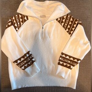 LOFT White and Brown Geometric Sweater with zipper XL